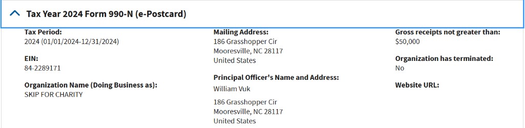 IRS Form 990-N e-Postcard for Tax Year 2024 showing EIN 84-2289171 and organization name SKIP FOR CHARITY.